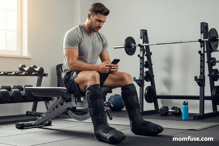 Fitness enthusiast man wearing compression boots before workout in a home gym setting.