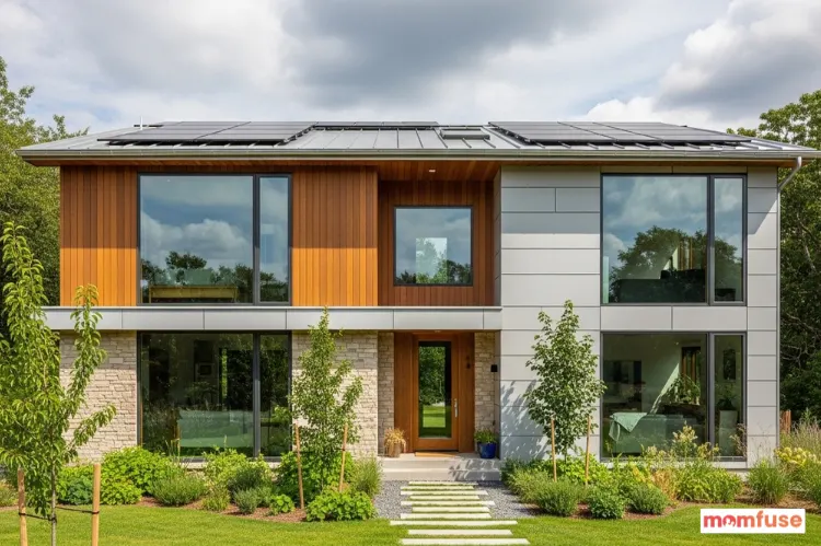 Modern eco-friendly house exterior with wood cladding, solar panels, large windows, surrounded by greenery.