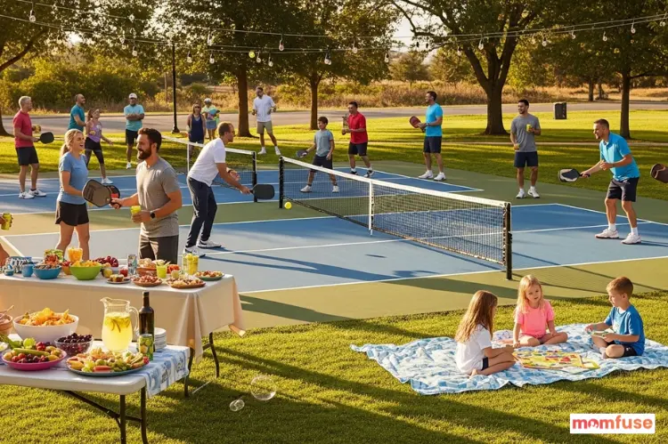 Friends and neighbors enjoying pickleball party, social outdoor gathering.