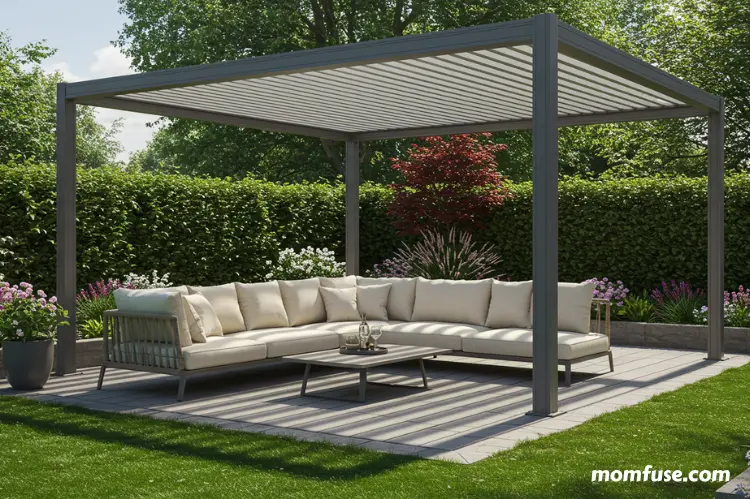 Elegant backyard with a modern aluminum pergola, stylish outdoor sofa set beneath.