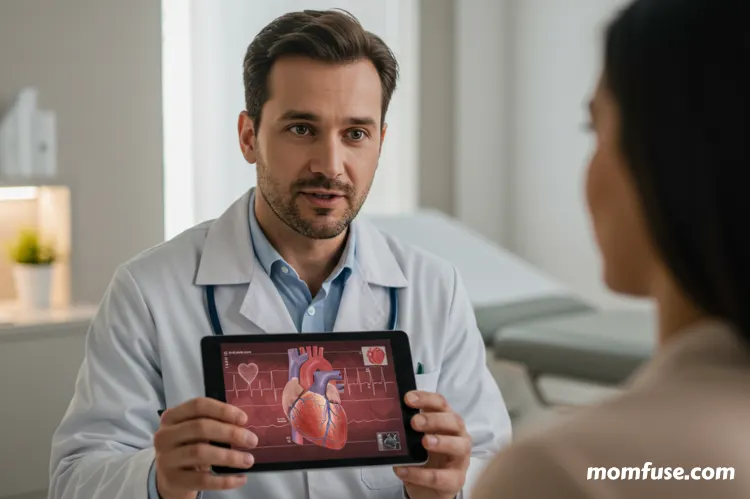 A compassionate doctor speaking to a patient and showing a heart diagram on a digital tablet.