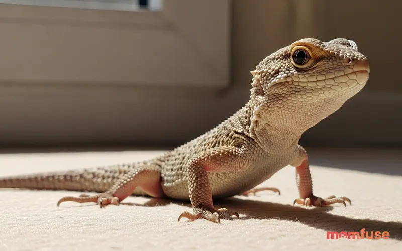 Small lizard (pet-like) posed like a dinosaur, indoor natural lighting, close-up realistic shot