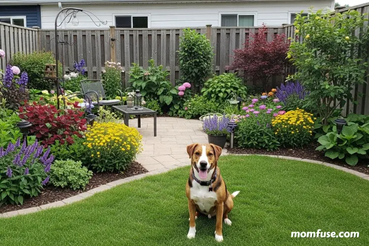 A vibrant, pet-friendly backyard garden with a happy dog.