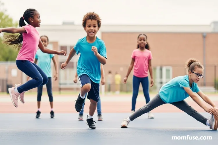 dynamic action image of children exercising and playing sports.