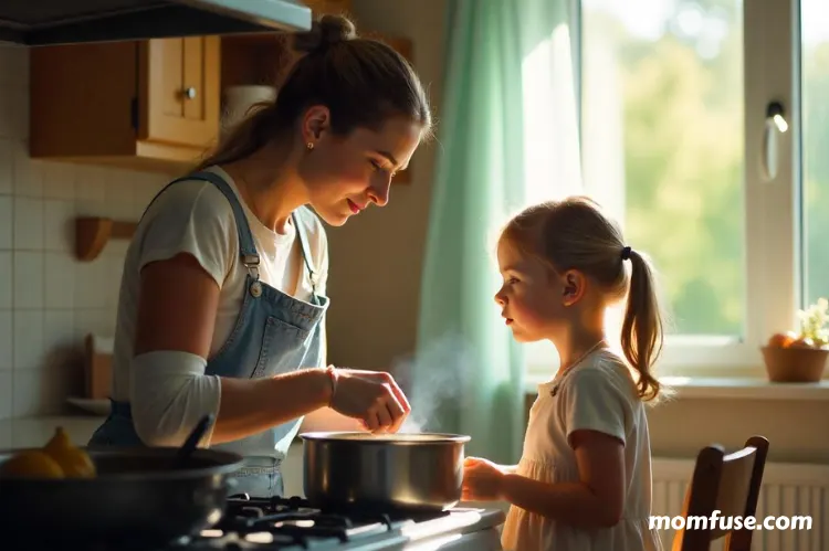 A mother with an arm bandaged and in a sling stirs a pot on the stove while her young daughter watches.