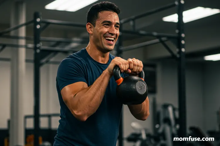 A gym trainer mid-demonstration of a kettlebell exercise, sweating slightly but smiling.