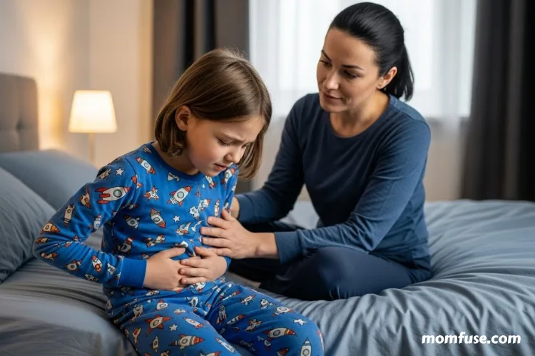 Child holding stomach while sitting on bed, mother seated nearby with concerned but calm expression.