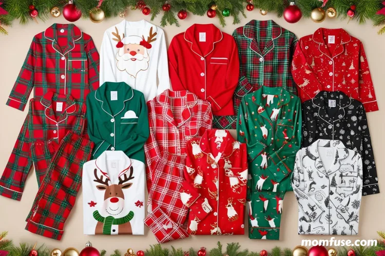 A vibrant collection of Christmas pyjamas laid out, showcasing different colour schemes and themes