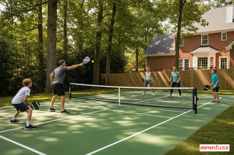 Family playing pickleball in backyard, Nashville suburban home, sunny outdoor lifestyle.