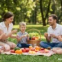 A joyful family enjoying a picnic in a park picnic blanket spread with food.