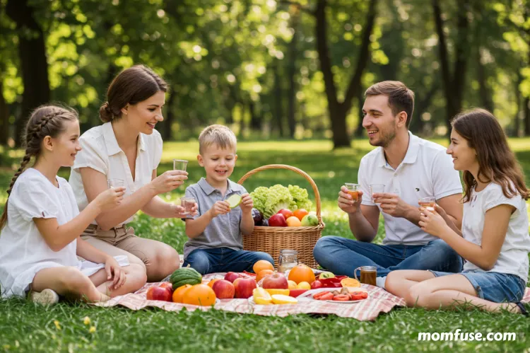A joyful family enjoying a picnic in a park picnic blanket spread with food.