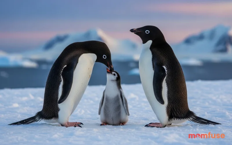 Small penguin family group interacting, snowy ground, natural bonding moment, soft lighting, realistic wildlife scene