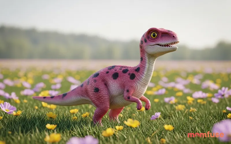 Small pink dinosaur in flower field, soft pastel tones, gentle lighting, dreamy realistic style