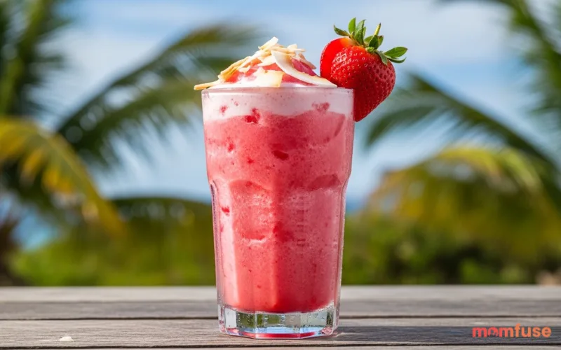 “pink drink with strawberries and coconut milk, vibrant pink color, tropical aesthetic”