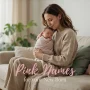 Mother holding her sleeping newborn on a sofa with “Pink Names for Your New Born” text overlay.