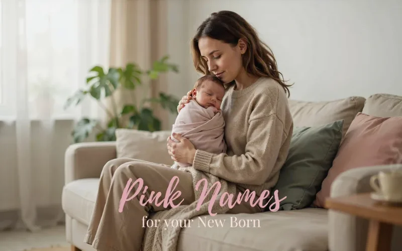 Mother holding her sleeping newborn on a sofa with “Pink Names for Your New Born” text overlay.