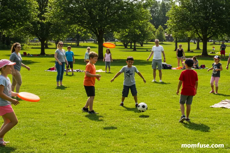 Children and adults playing frisbee and soccer at a picnic in a grassy field.