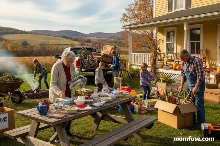 Seasonal rural cleanout day scene: family organizing items outside a farmhouse.