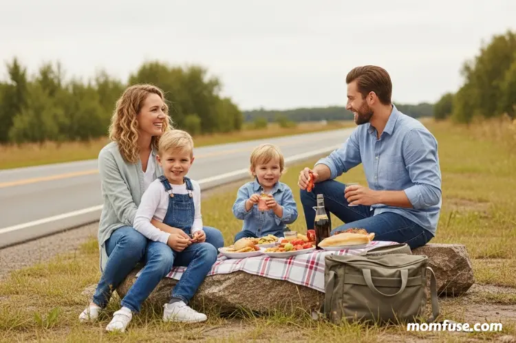 A family enjoying a picnic on a roadside stop.
