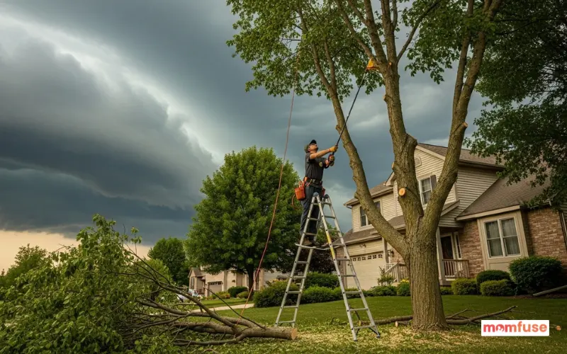 Homeowner trimming trees near house before storm season.