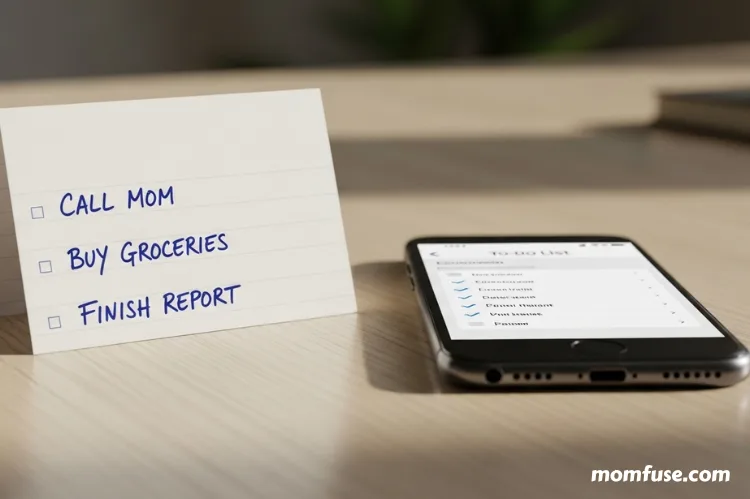 A small index card with three tasks written on it beside a phone with a single to-do app open.