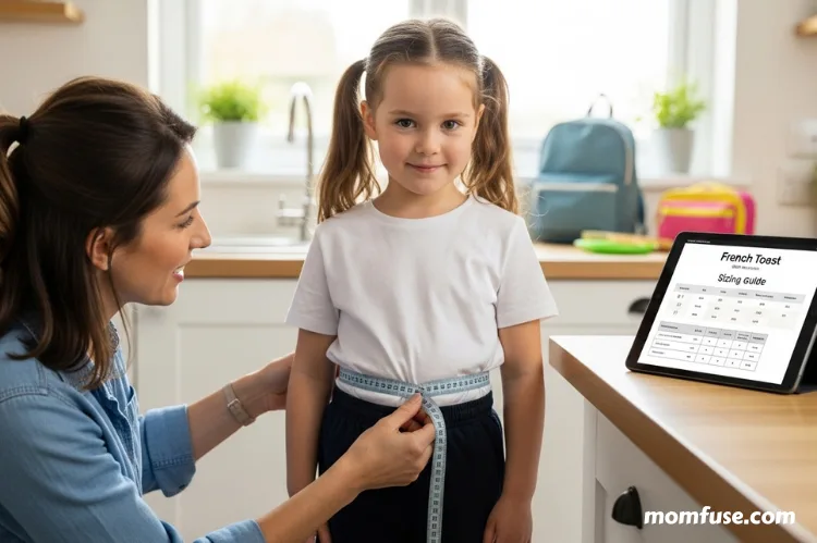 A parent measuring a child for school uniform size, French Toast online sizing guide visible on tablet.