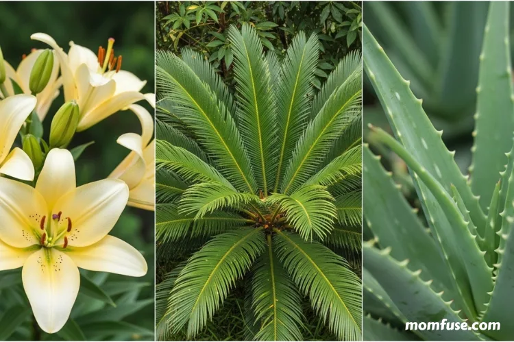 Split-image showing dangerous plants like lilies, sago palm, aloe vera.