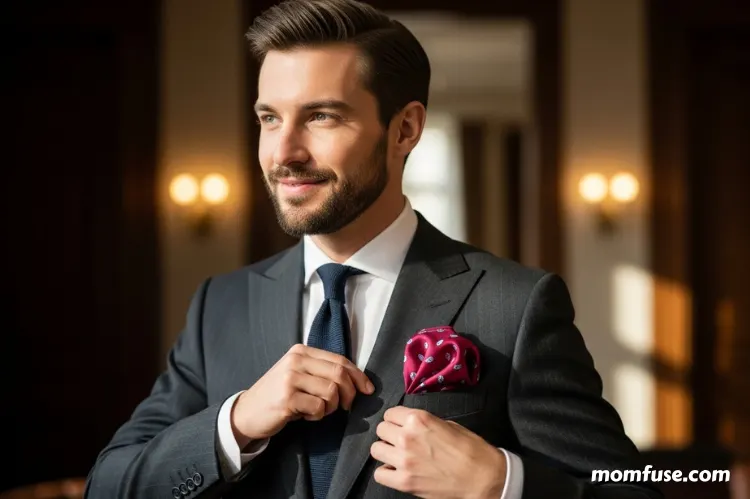 Stylish man adjusting a pocket square in his suit jacket, showcasing refined fabric.