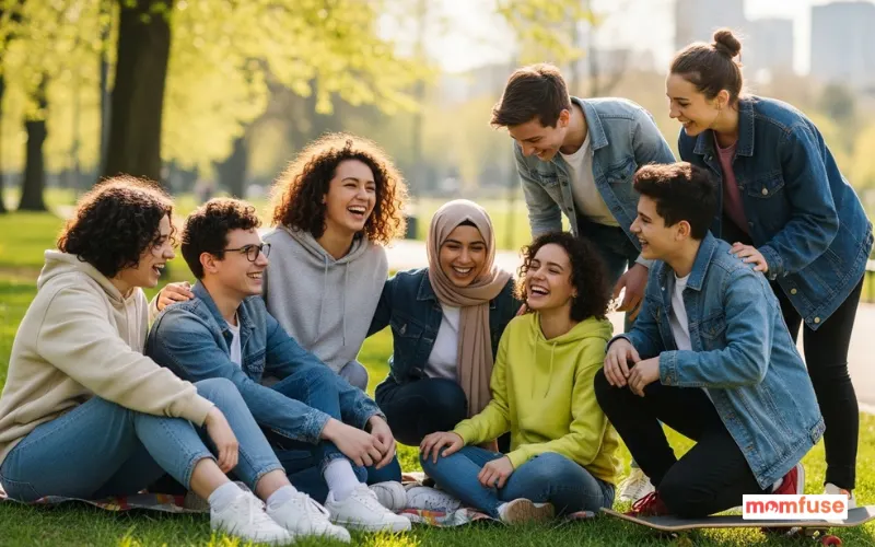 group of diverse teenagers laughing together in city park, casual modern clothing.