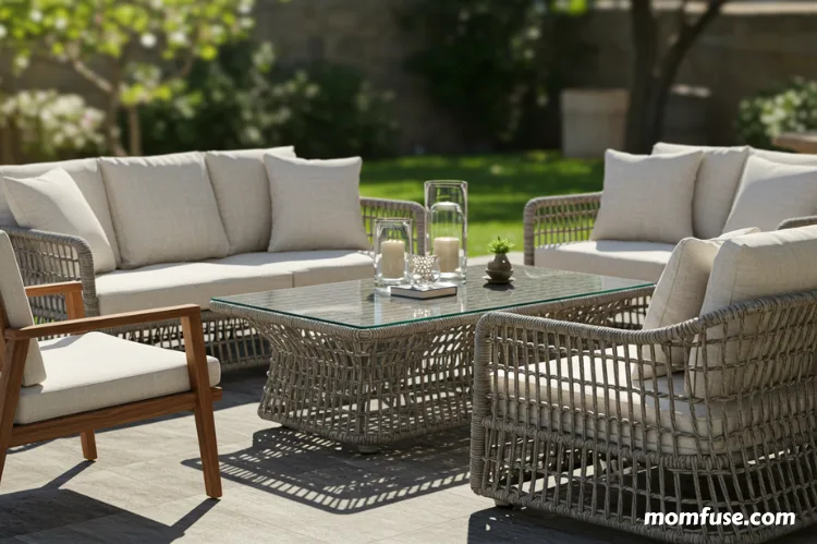 Modern patio furniture set with a mix of wooden chairs, wicker sofas, and a glass-top table.