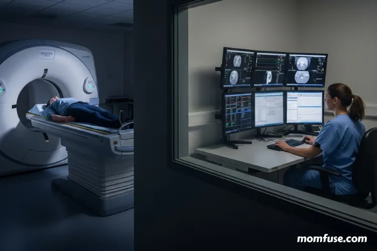 PET scan in progress — patient positioned in PET/CT hybrid scanner, technician monitoring from control room.
