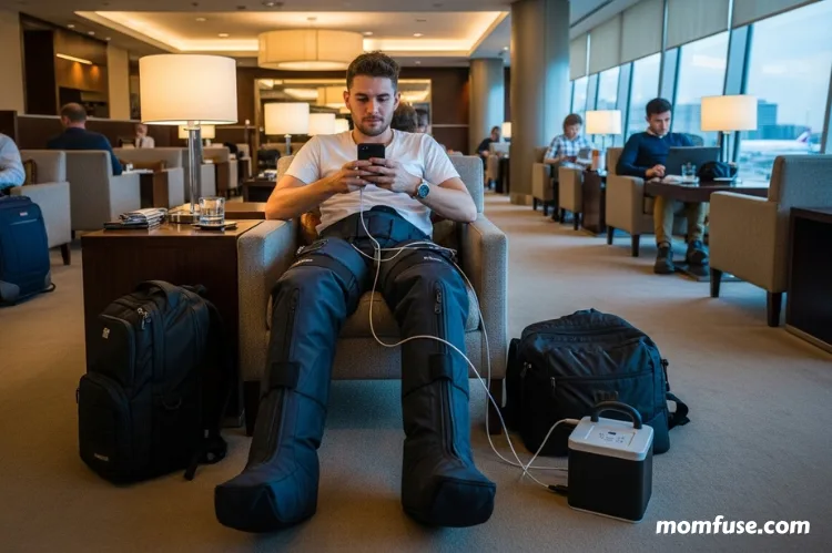 Traveler using portable compression boots at airport lounge after long trip.