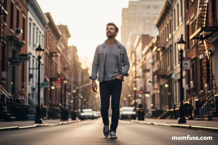 A single man walking forward on a quiet city street during morning light.