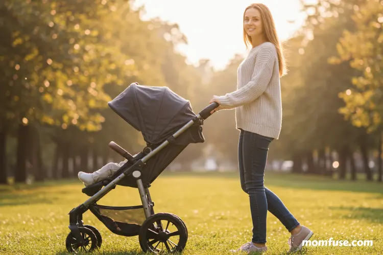 A soft, inspiring of a happy new mother walking outdoors with a stroller.