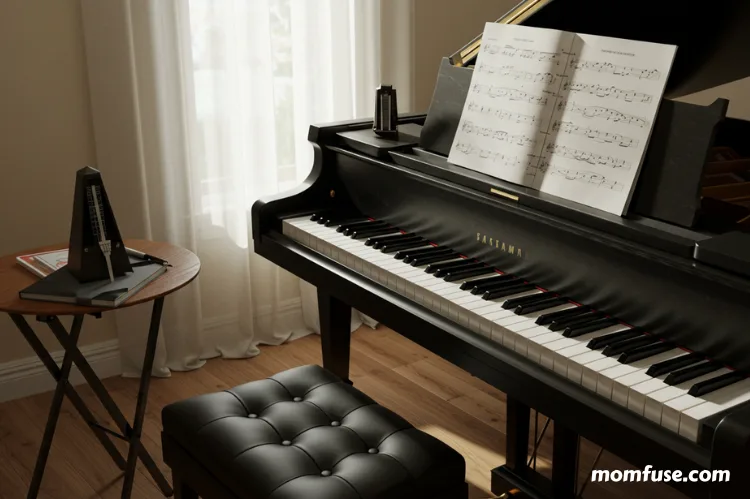 A calm, organized piano practice setup with a metronome, open notebook.