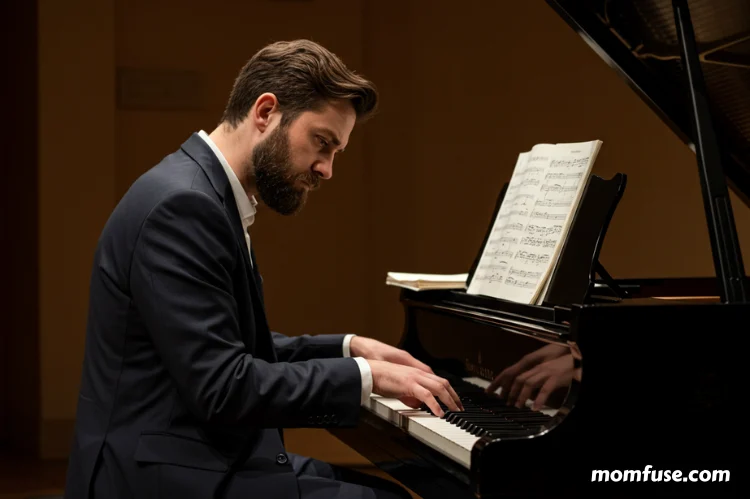 A pianist focusing intently on a small section of sheet music.