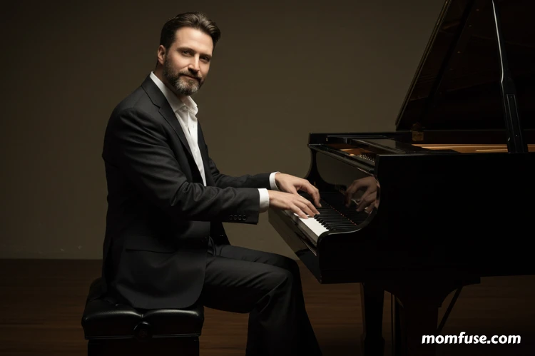 a pianist’s man with perfect finger curvature and relaxed wrists on the keys, good posture visible elegant.
