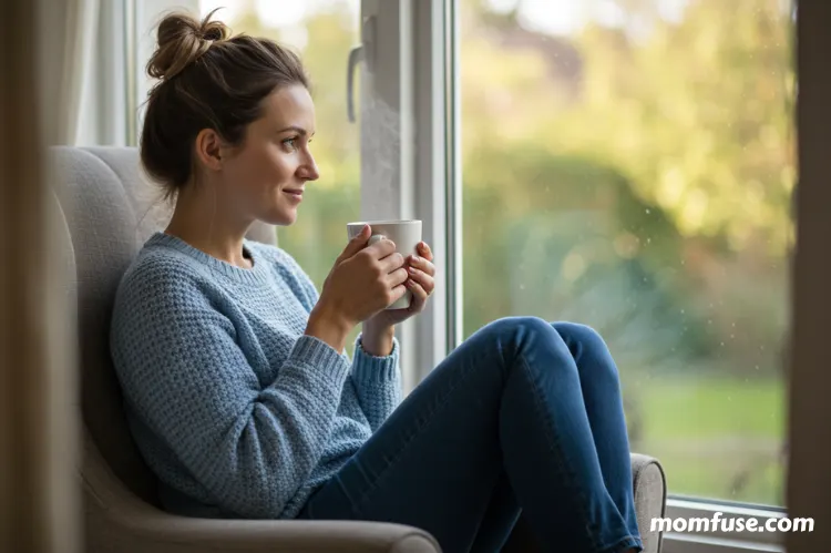 A peaceful moment of a mom enjoying a hot cup of tea by the window.