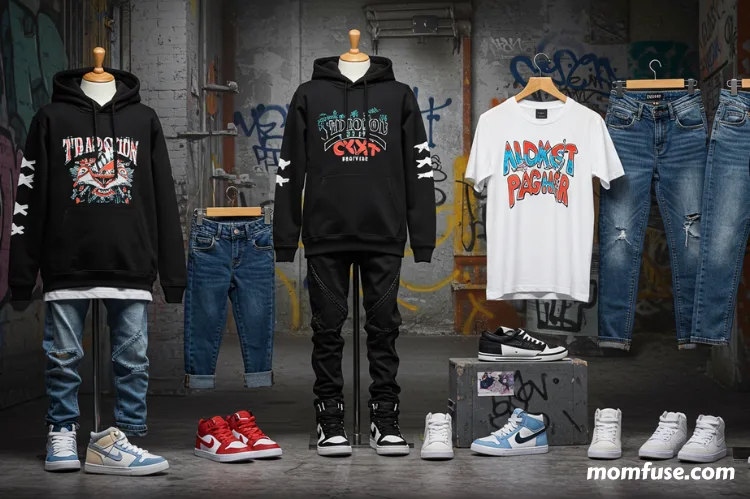 Boys’ streetwear collection laid out.