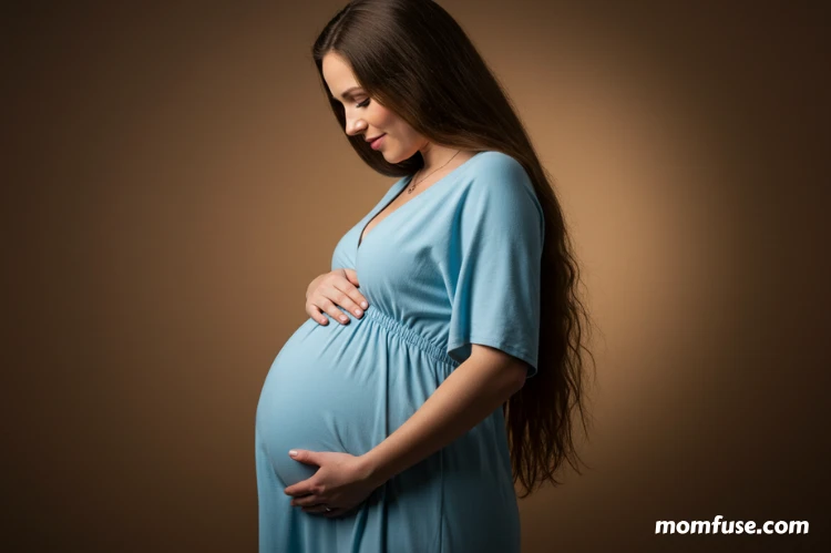 A pregnant woman with long, healthy hair gently touching her belly.
