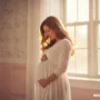 a woman gently touching her belly in a sunlit room.