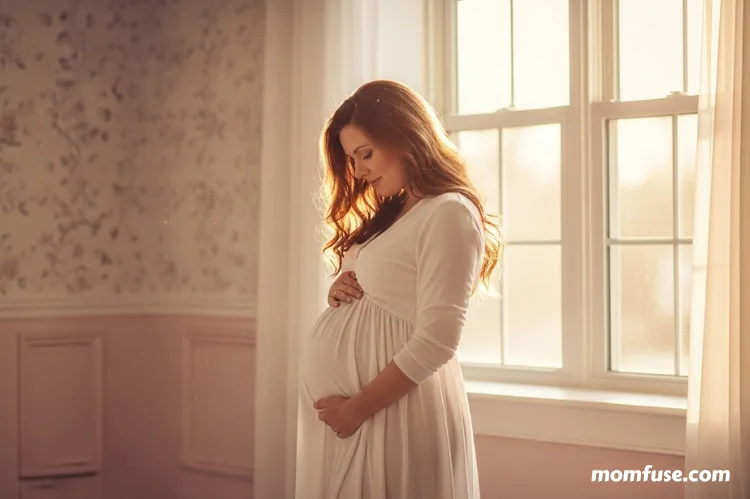 a woman gently touching her belly in a sunlit room.