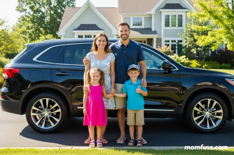 Happy family standing beside a sleek preowned SUV in a suburban driveway, bright sunny day.