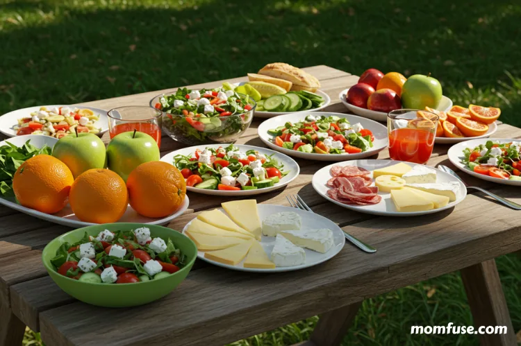 A picnic table filled with colorful, healthy foods.
