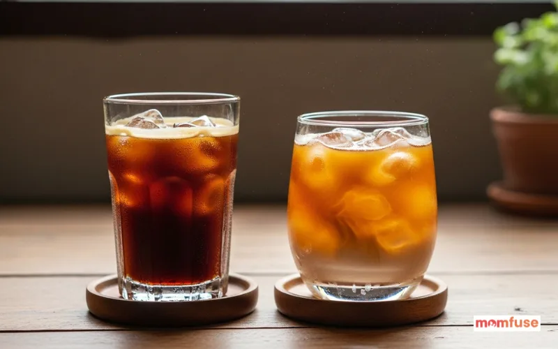 Two glasses of cold brew coffee, one strong morning drink and one light afternoon iced coffee.