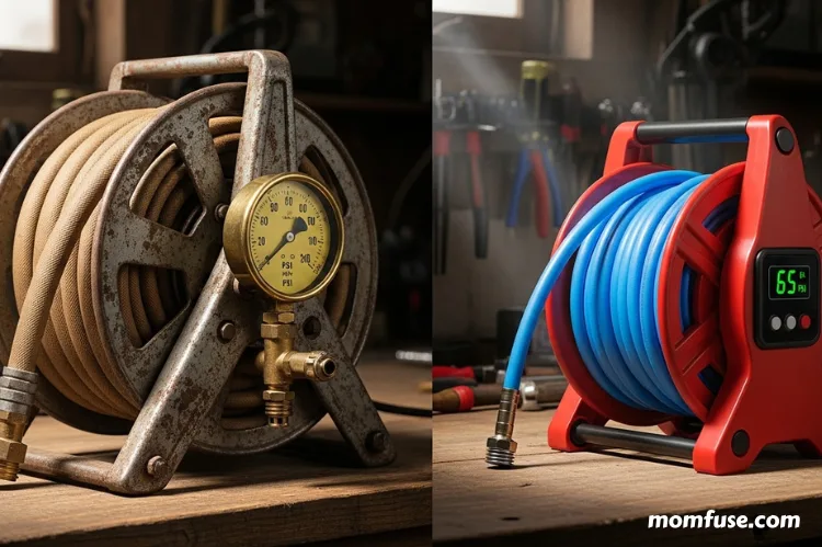 Comparison scene showing pressure gauges and two hose reels.