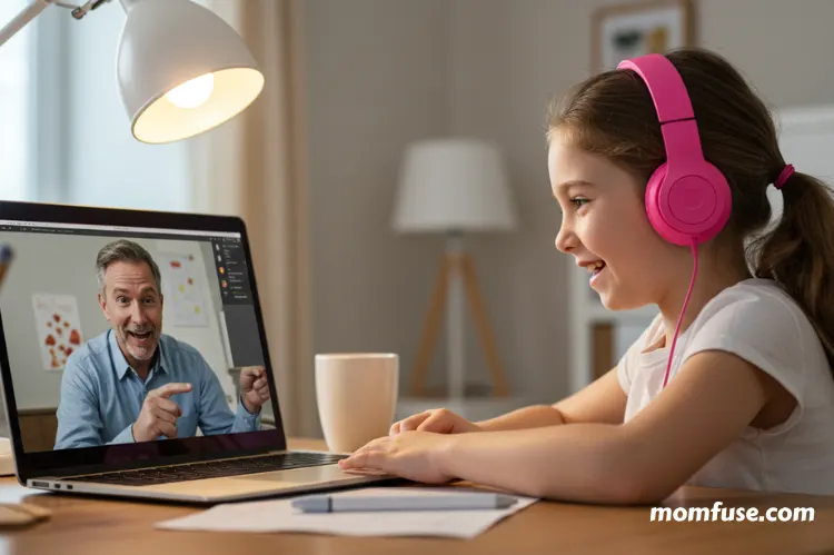 A smiling child wearing headphones, interacting with a friendly tutor on a laptop screen.
