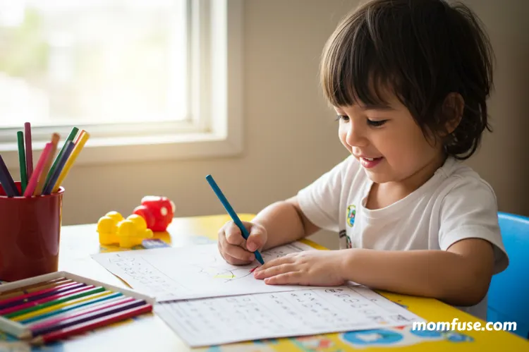A young child at a table, coloring and solving math worksheets with pencils.