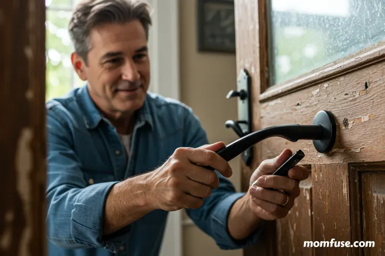 A father replacing a front door handle with new modern hardware. home improvement tips