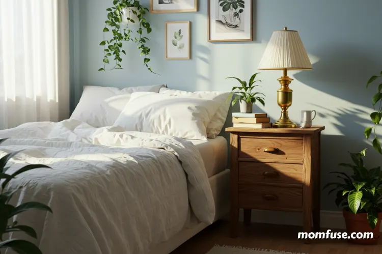 A peaceful bedroom scene — soft warm lighting, cozy bed with white sheets.